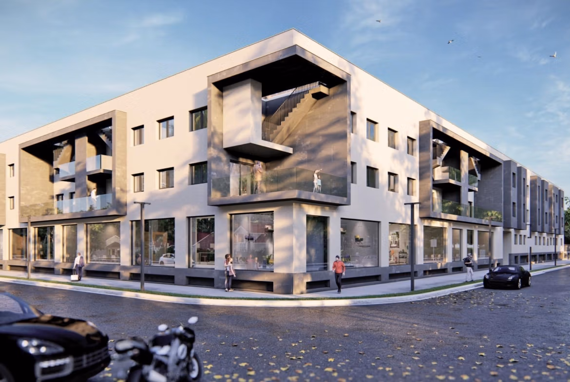 Modern new build 3-bedroom apartment complex with sleek balconies and street views in Torre-Pacheco, Murcia.
