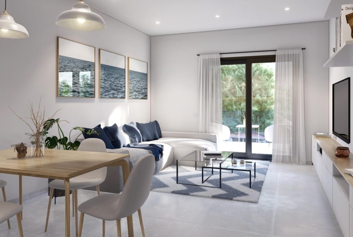 Bright, modern living and dining area with stylish furnishings in a new build 3-bedroom apartment in Torre-Pacheco, Murcia.
