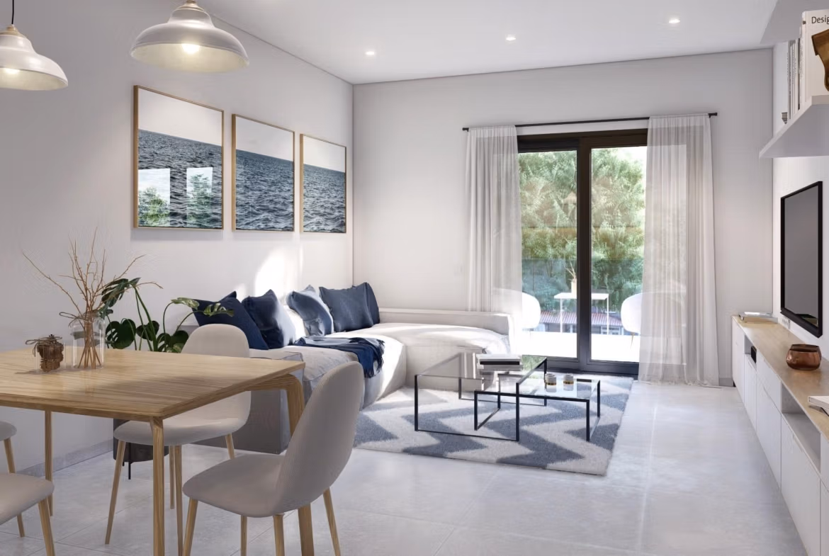Bright, modern living and dining area with stylish furnishings in a new build 3-bedroom apartment in Torre-Pacheco, Murcia.