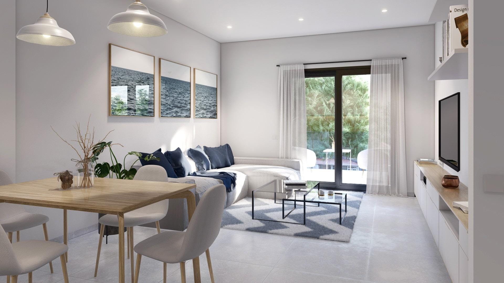 NEW-BUILD-APARTMENTS-IN-TORRE-PACHECO-2 Bright, modern living and dining area with stylish furnishings in a new build 3-bedroom apartment in Torre-Pacheco, Murcia.