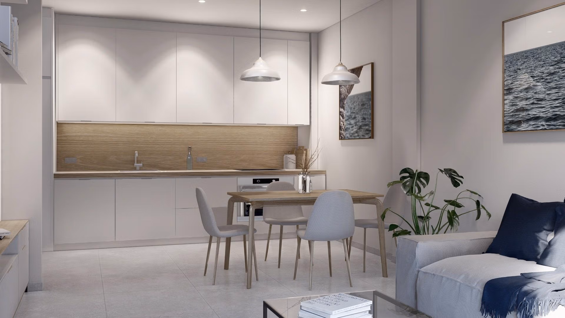 Modern sun-drenched open-plan kitchen and dining area in a new build 3-bedroom apartment in Torre-Pacheco, Murcia.