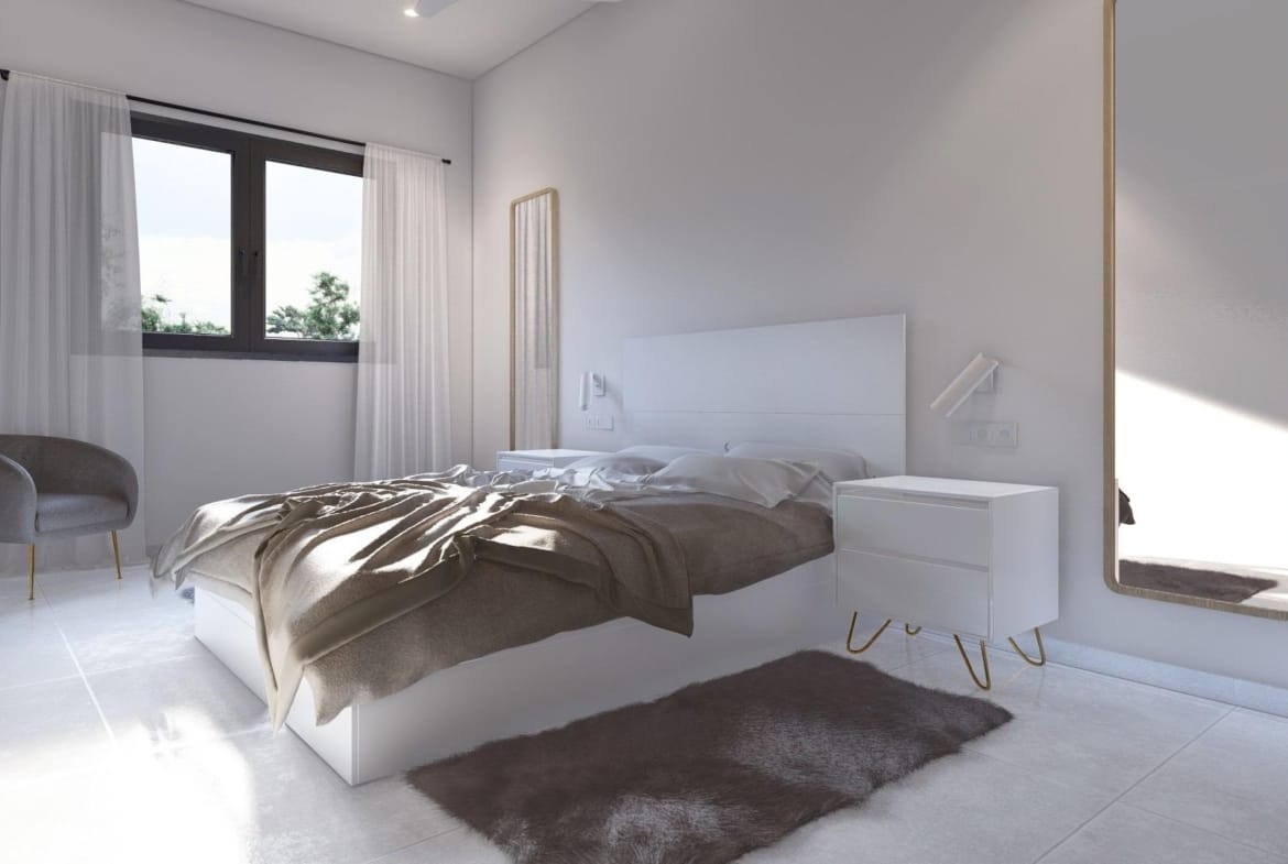 Bright and modern bedroom in a new build 3-bedroom apartment in Torre-Pacheco, Murcia with minimalist elegant decor.