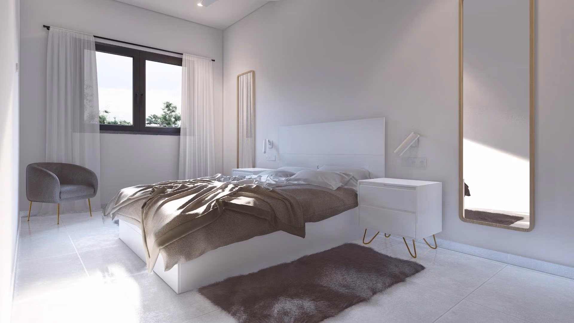 Bright and modern bedroom in a new build 3-bedroom apartment in Torre-Pacheco, Murcia with minimalist elegant decor.
