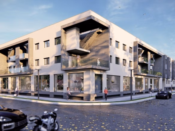 Modern new build 3-bedroom apartment complex with sleek balconies and street views in Torre-Pacheco, Murcia.