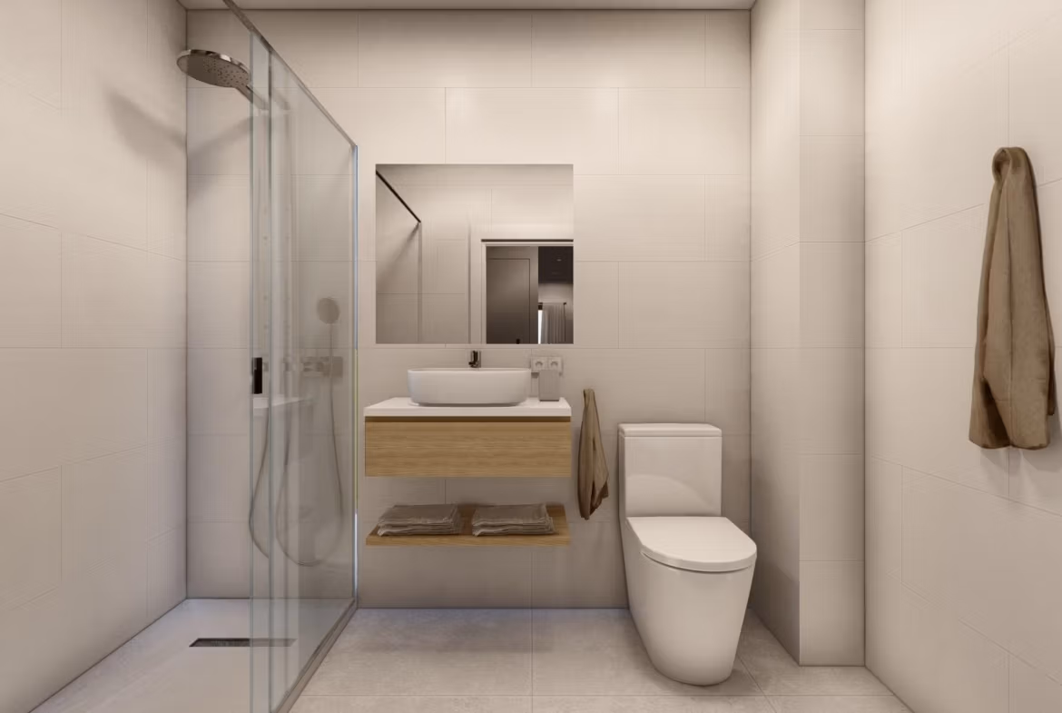 Modern, sleek bathroom with glass shower and elegant fixtures in a new build 3-bedroom apartment in Torre-Pacheco, Murcia.