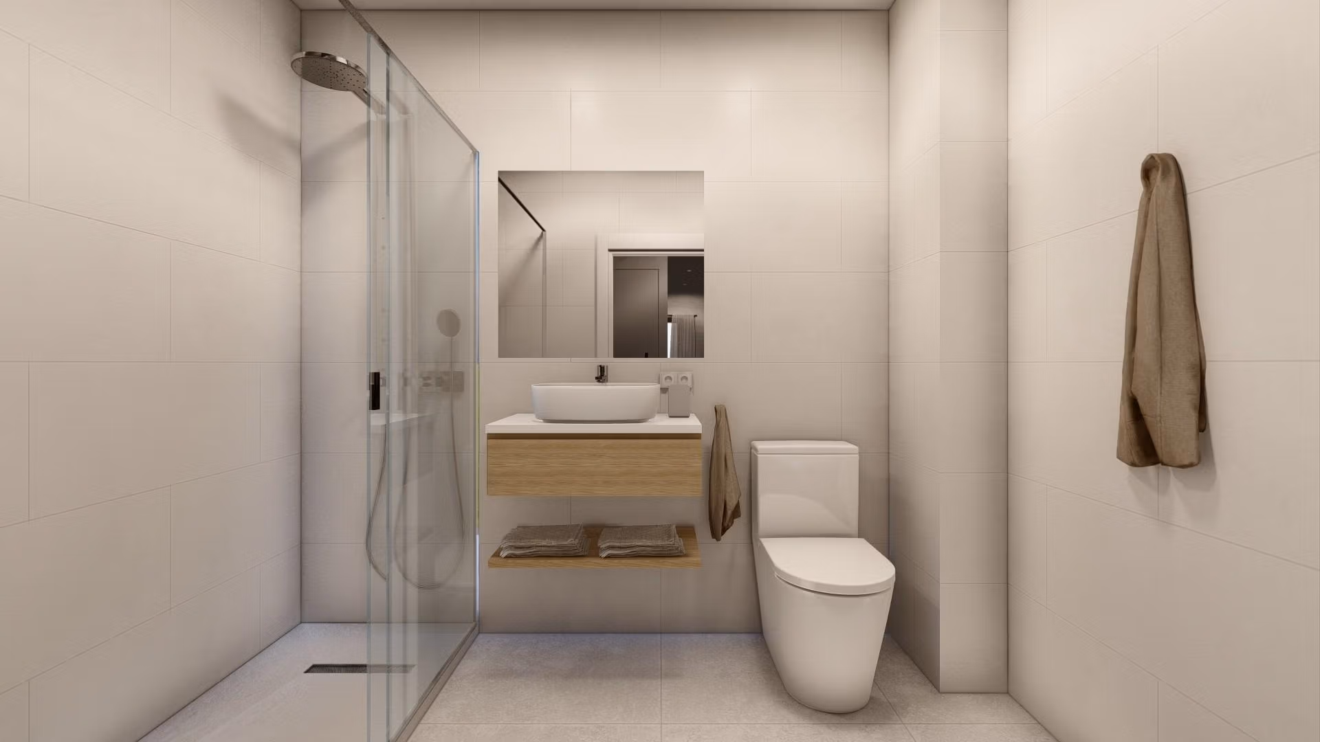 Modern, sleek bathroom with glass shower and elegant fixtures in a new build 3-bedroom apartment in Torre-Pacheco, Murcia.