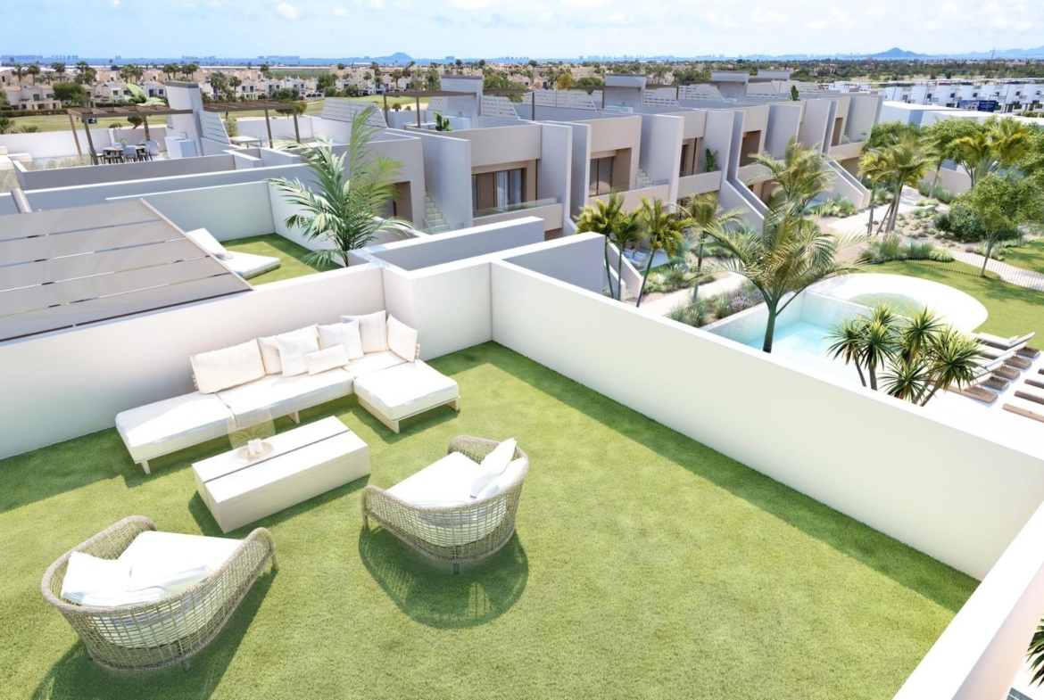 Spacious sun-drenched 90m² solarium terrace with modern outdoor seating at luxury 3-bedroom penthouse in Roda Golf, San Javier.
