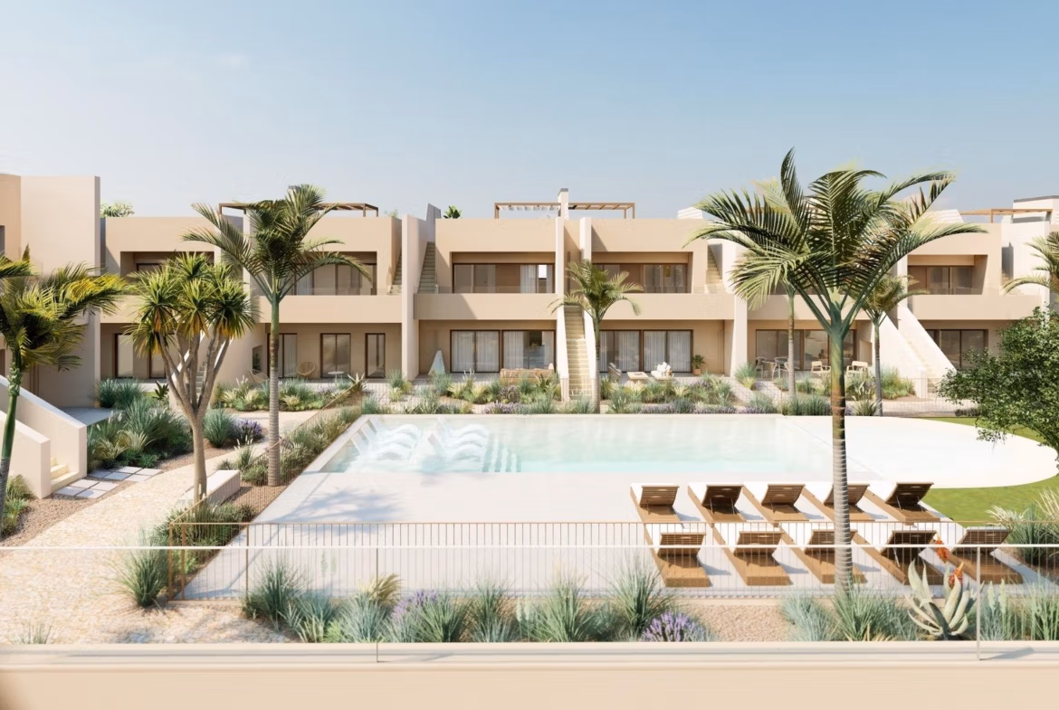 Modern spacious 3-bedroom ground floor bungalow with lush garden and sunlit pool area in Roda Golf, San Javier.