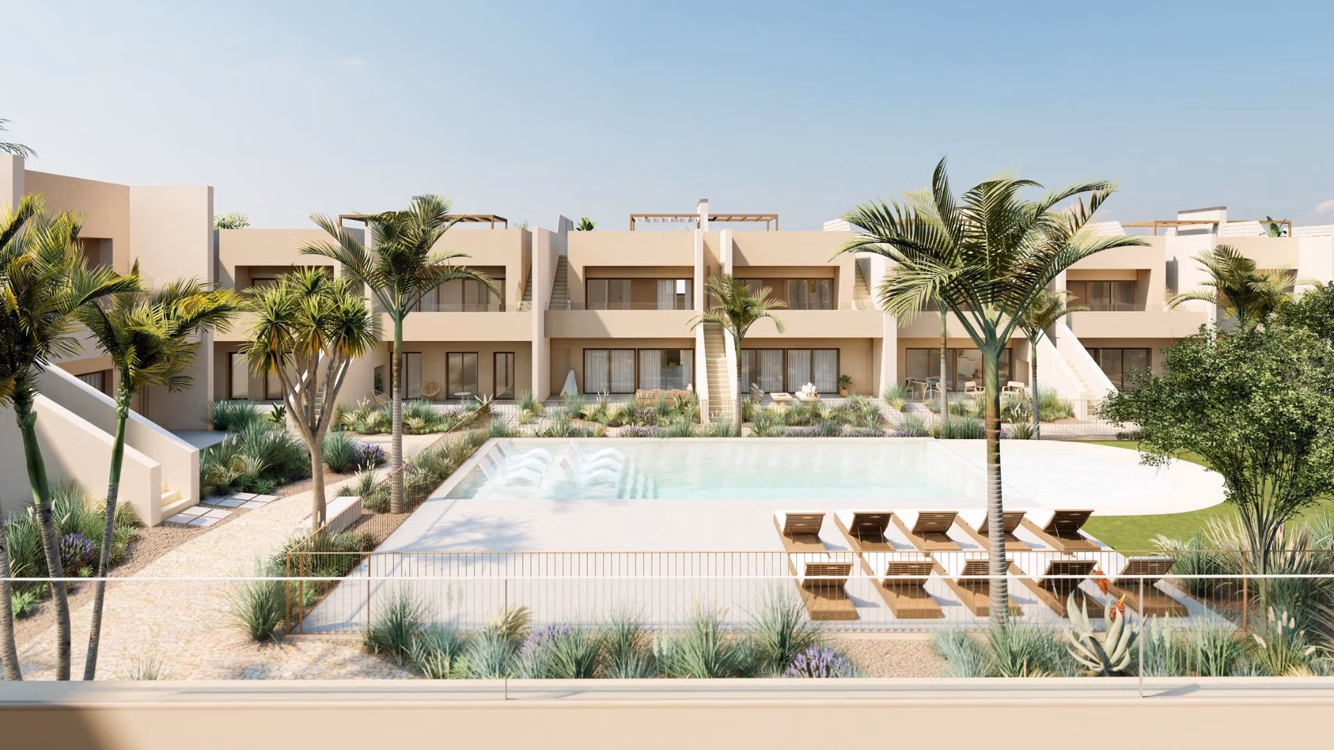 Modern spacious 3-bedroom ground floor bungalow with lush garden and sunlit pool area in Roda Golf, San Javier.