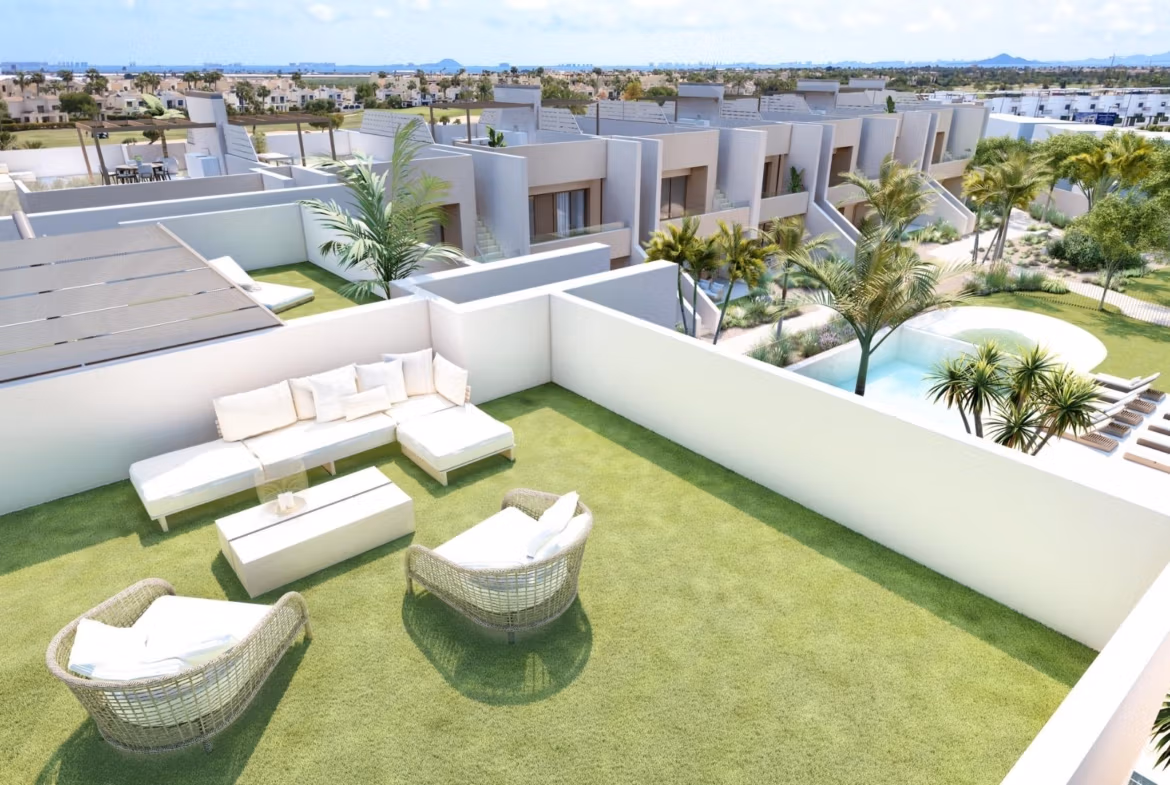 Spacious sun-drenched garden terrace with modern outdoor seating in new build 3-bedroom ground floor bungalow, Roda Golf San Javier