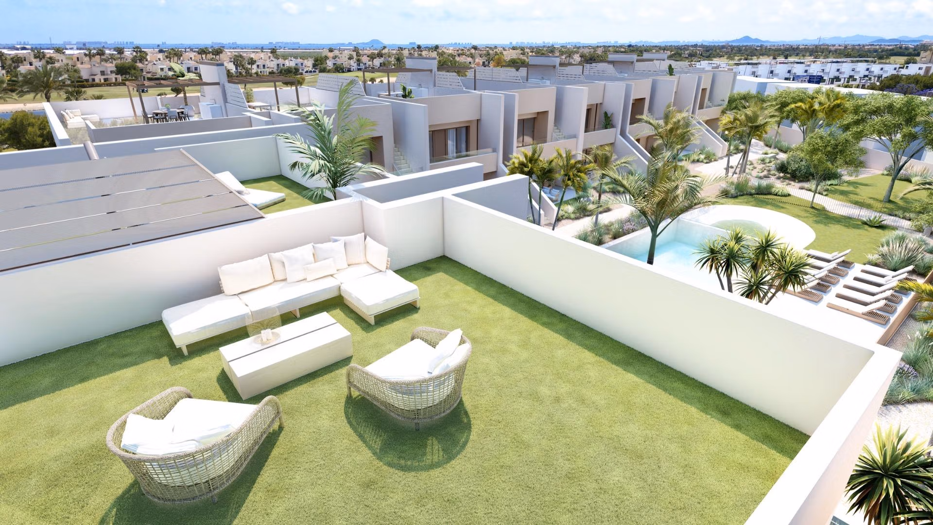 Spacious sun-drenched garden terrace with modern outdoor seating in new build 3-bedroom ground floor bungalow, Roda Golf San Javier