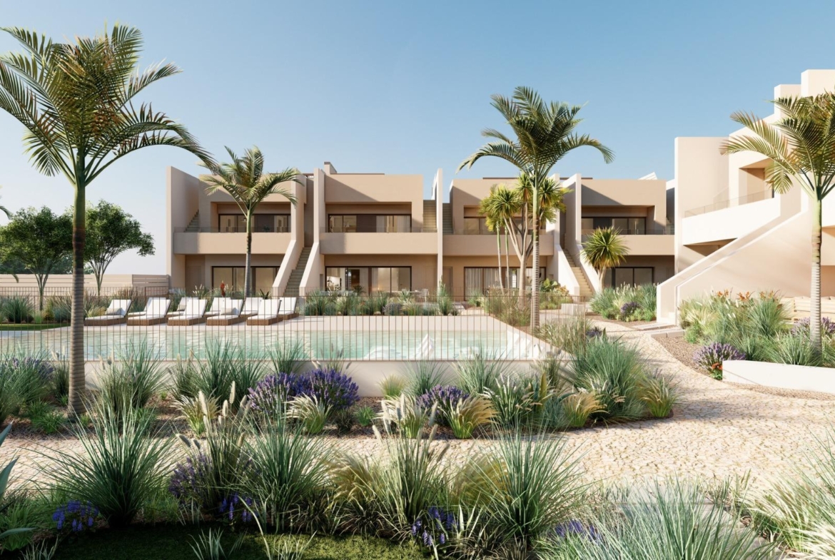 Spacious modern 3-bedroom penthouse exterior with sun-drenched pool and landscaped gardens in Roda Golf, San Javier