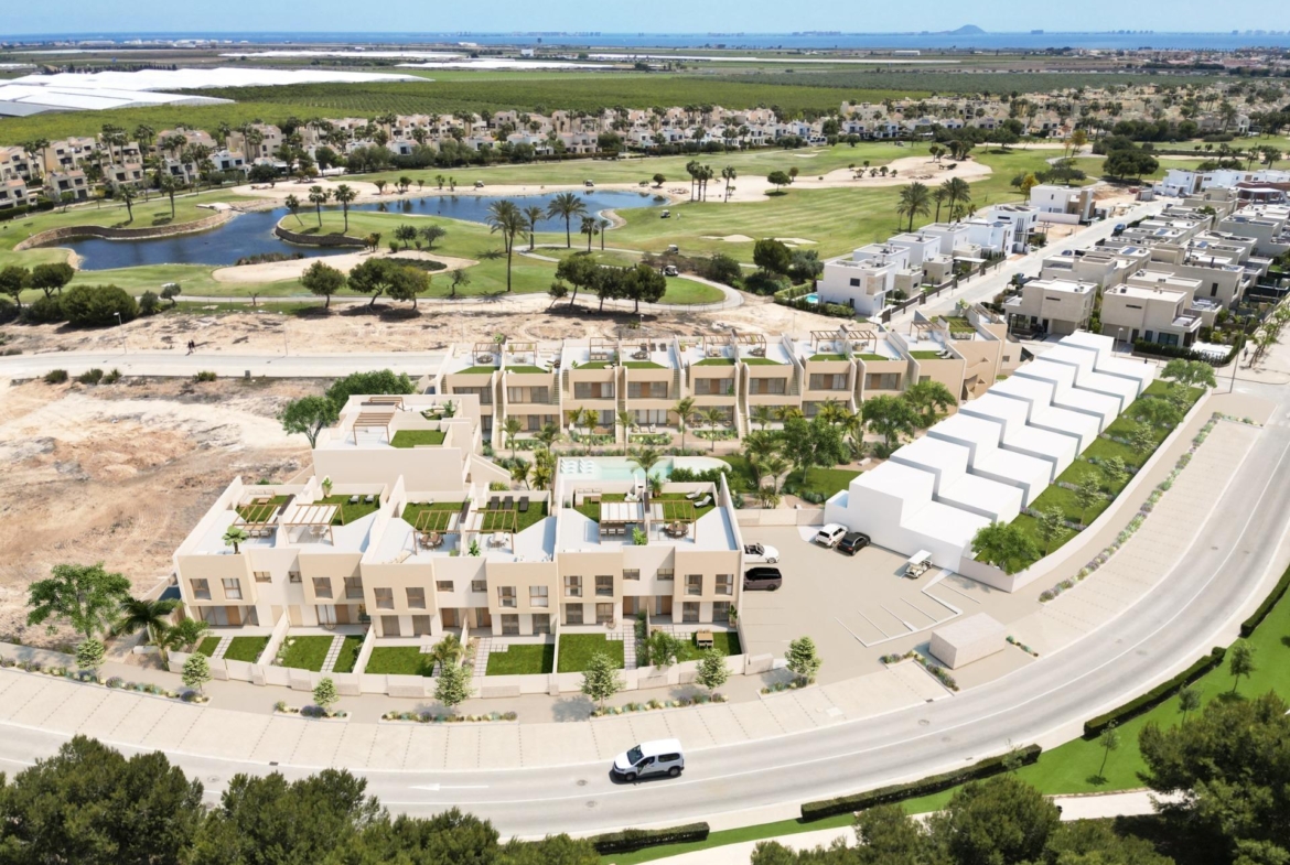 Sun-drenched modern 3-bedroom ground floor bungalows with private gardens in spacious Roda Golf, San Javier overlooking the golf course.