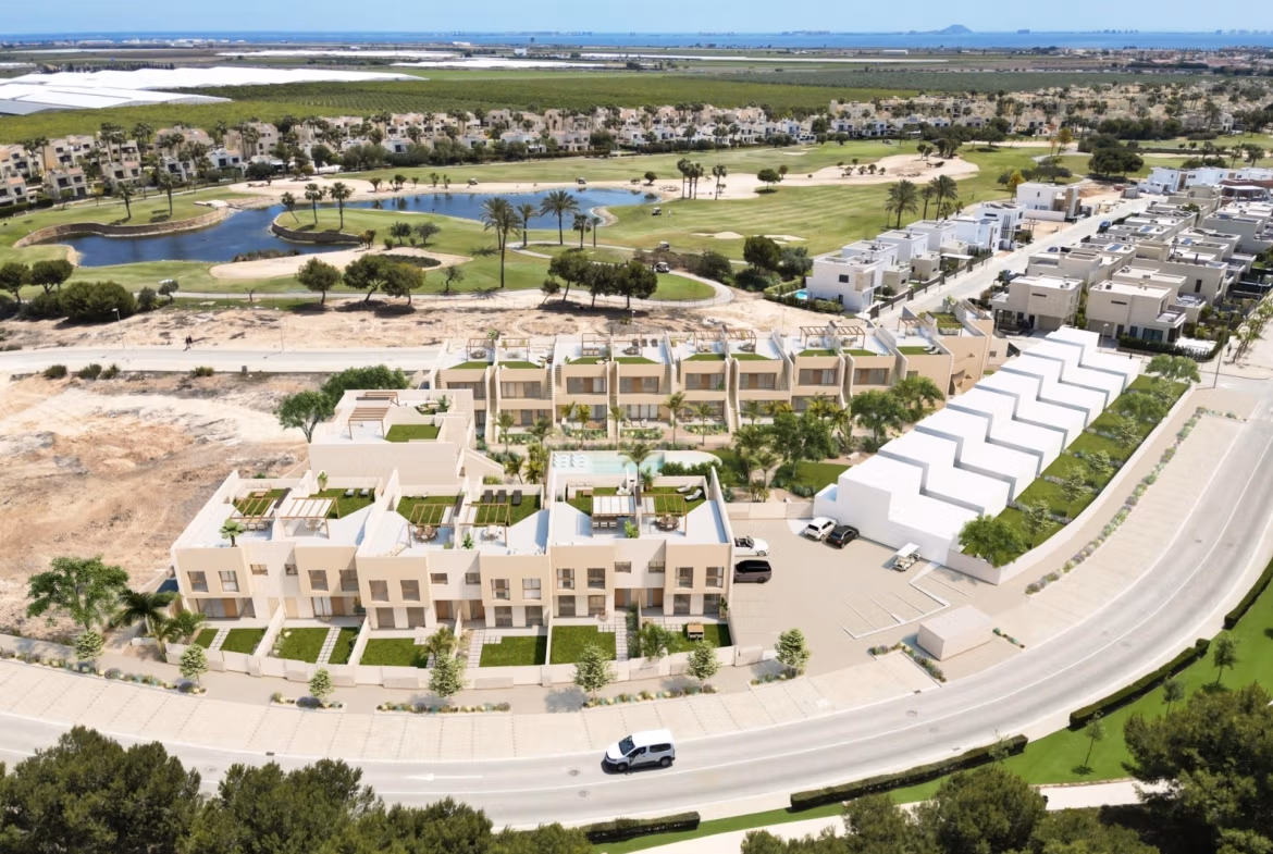 Sun-drenched modern 3-bedroom ground floor bungalows with private gardens in spacious Roda Golf, San Javier overlooking the golf course.