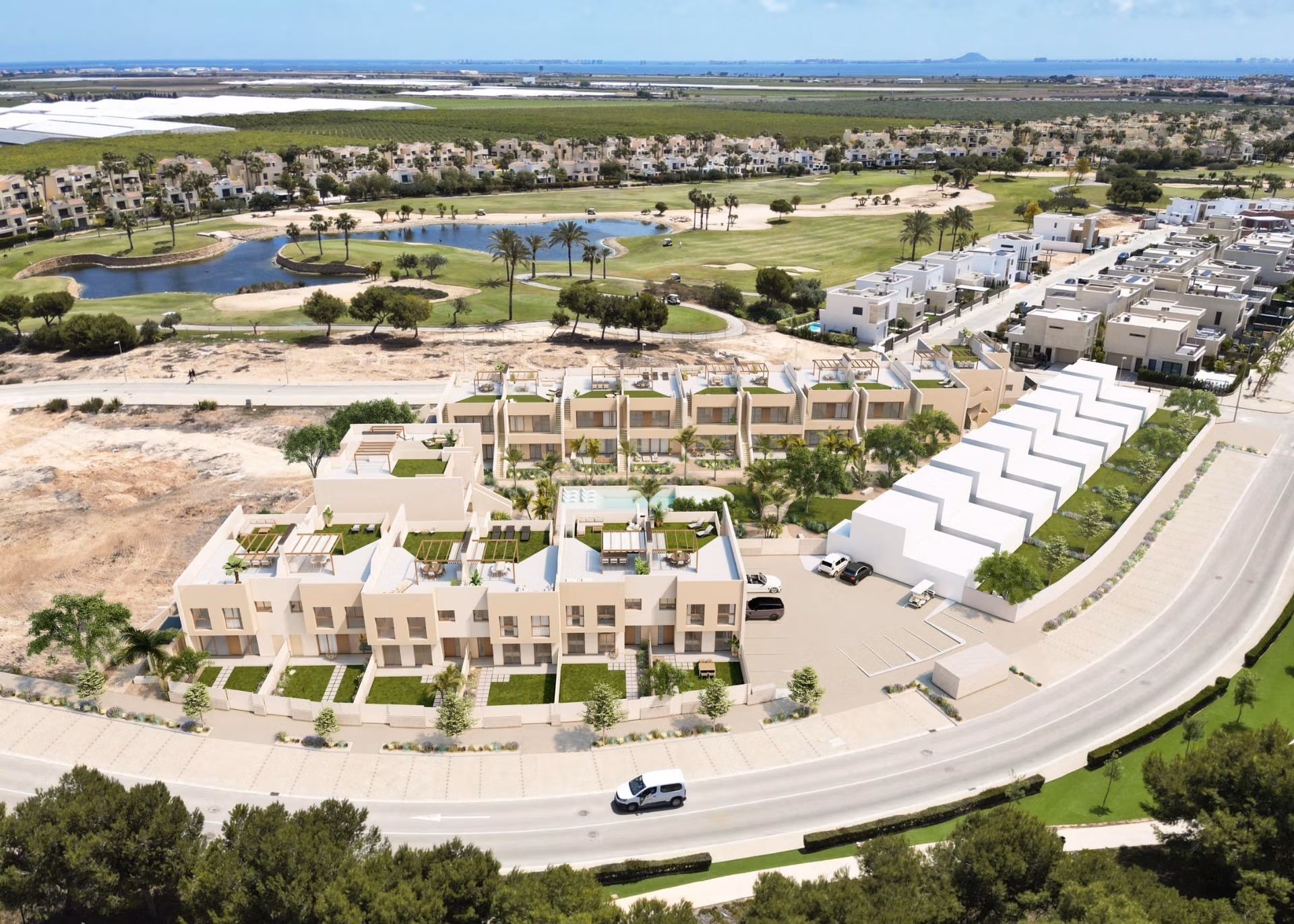 Sun-drenched modern 3-bedroom ground floor bungalows with private gardens in spacious Roda Golf, San Javier overlooking the golf course.