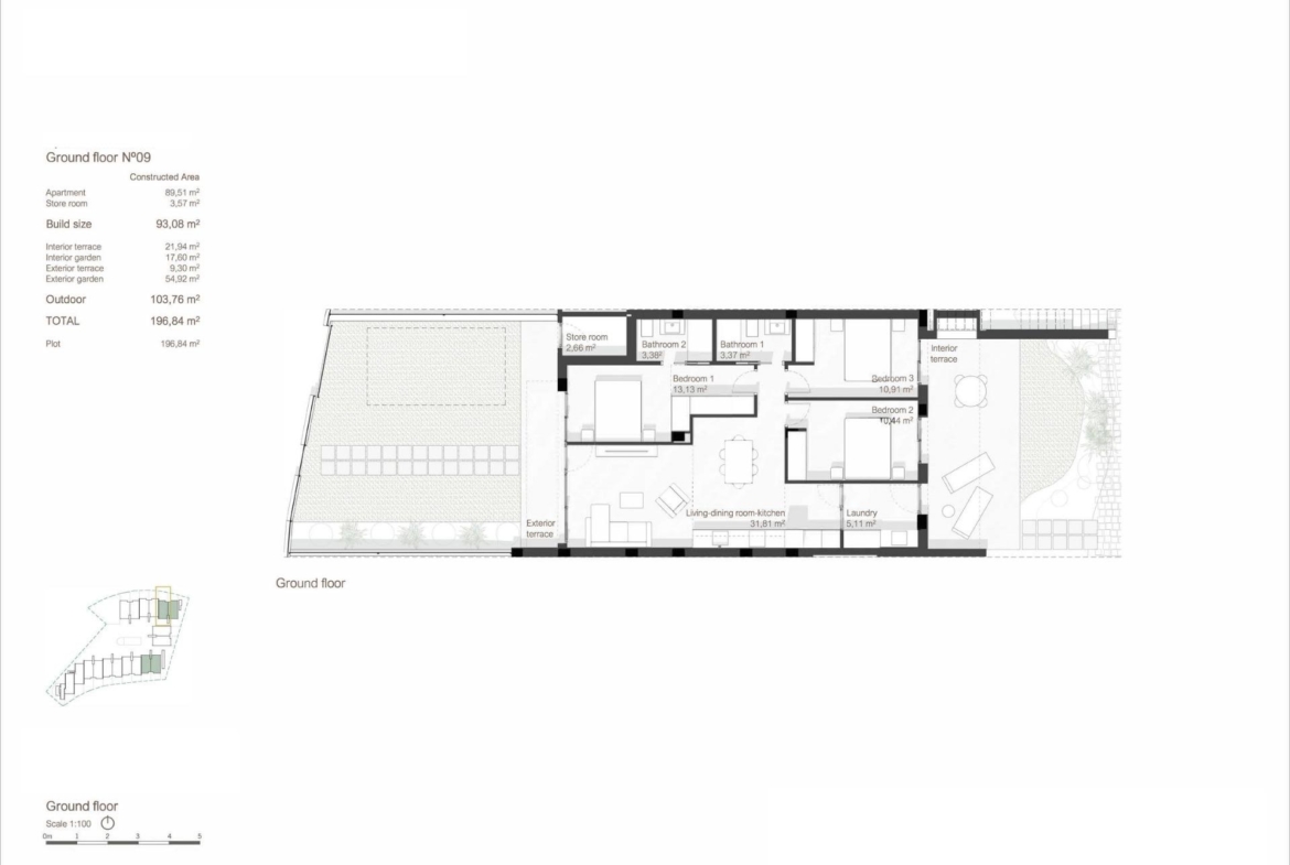 Detailed floor plan of a spacious 3-bedroom ground floor bungalow with garden, new build in Roda Golf, San Javier.