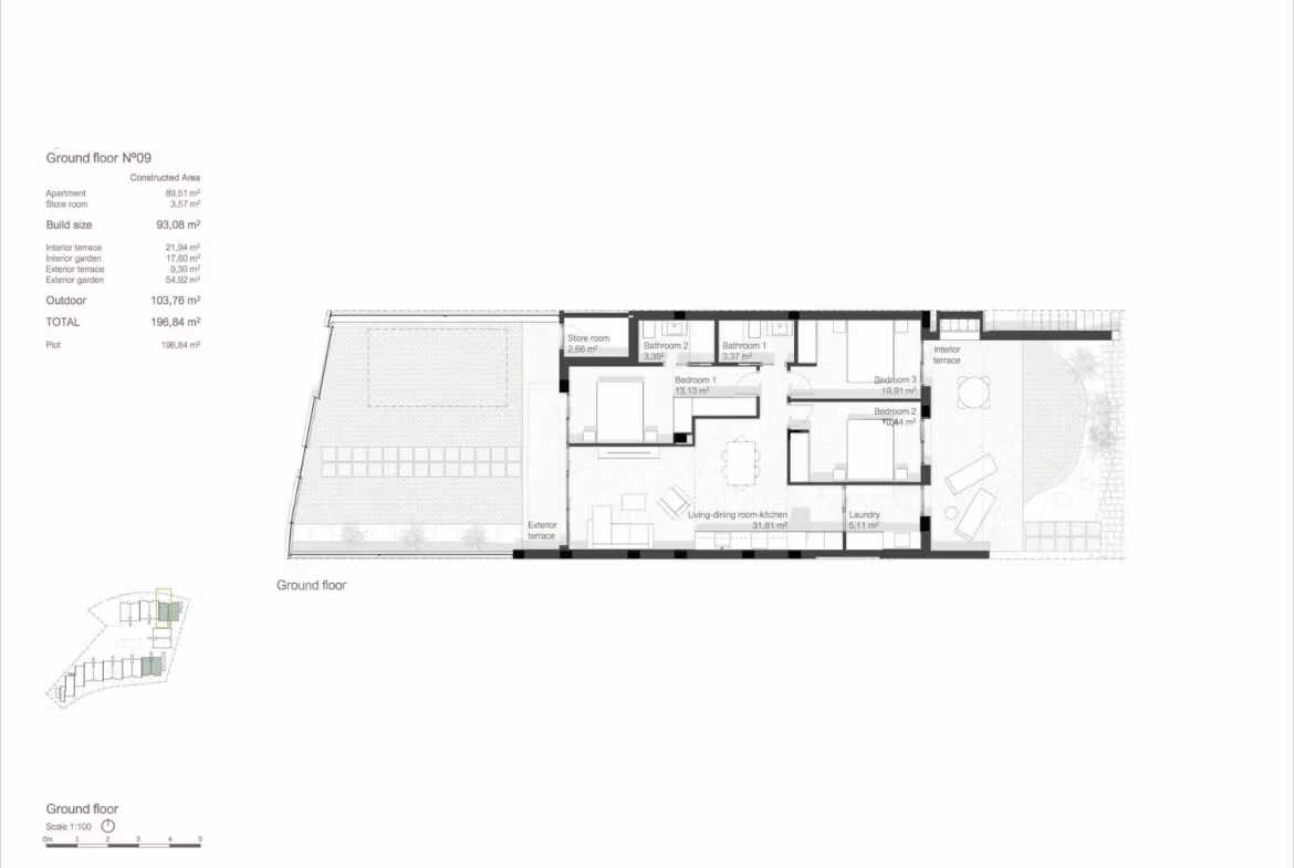 Detailed floor plan of a spacious 3-bedroom ground floor bungalow with garden, new build in Roda Golf, San Javier.