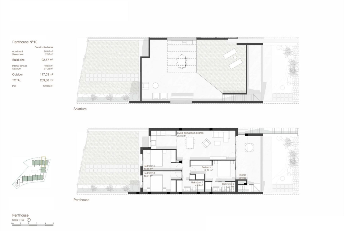 Bright, modern 3-bedroom penthouse floor plan with spacious 90 m² solarium, showcasing open-plan living in Roda Golf, San Javier.
