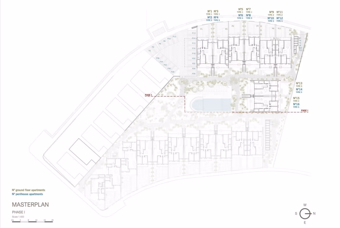 Masterplan showcasing spacious new build 3-bedroom ground floor bungalows with elegant gardens in Roda Golf, San Javier.