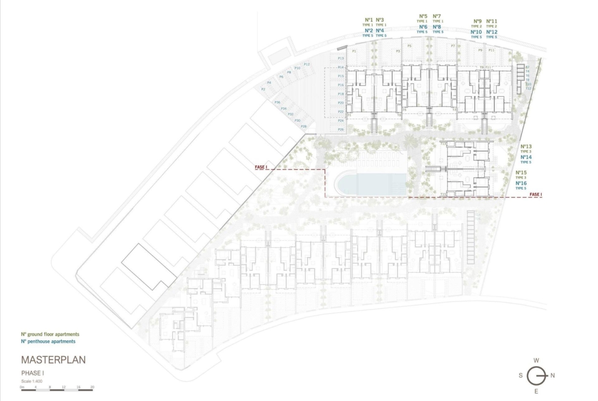 Detailed masterplan showcasing modern new build 3 bedroom penthouse layouts with sun-drenched solarium at Roda Golf, San Javier