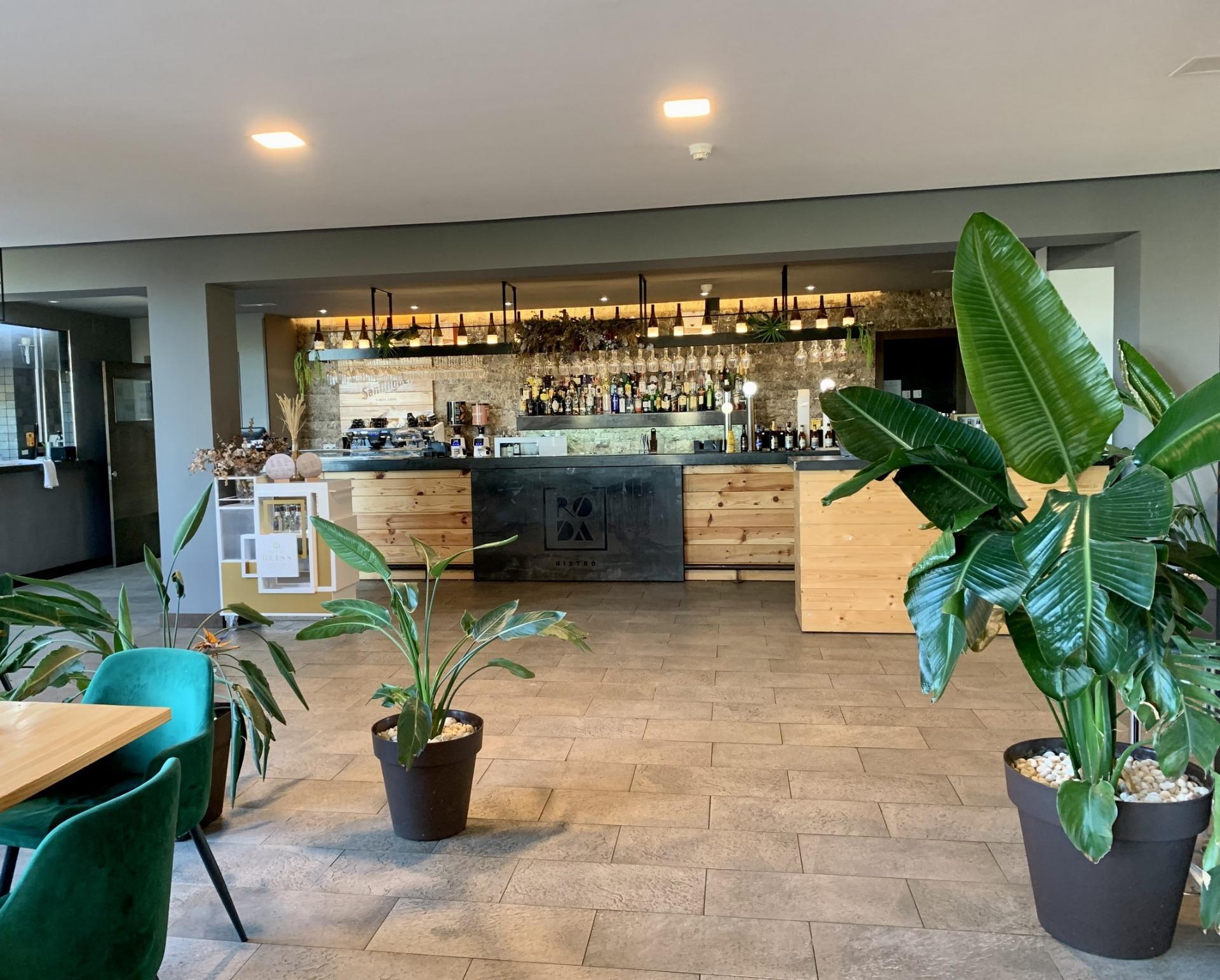 Elegant modern bar area with lush green plants and warm lighting, complementing the stylish penthouse atmosphere in Roda Golf, San Javier.