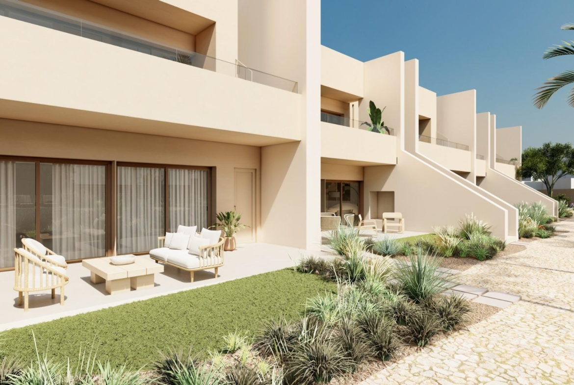Elegant spacious ground floor bungalow with private garden and sunlit terrace at Roda Golf, San Javier new build.