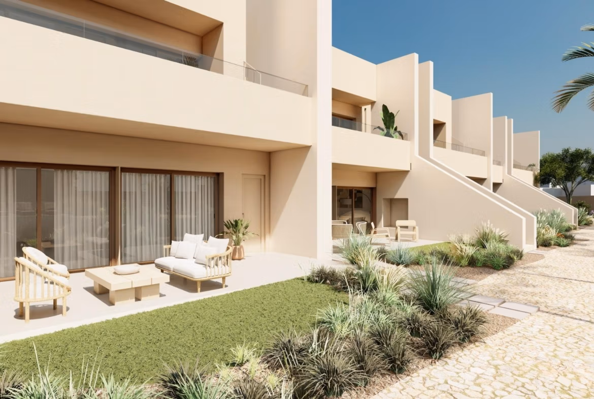 Elegant spacious ground floor bungalow with private garden and sunlit terrace at Roda Golf, San Javier new build.