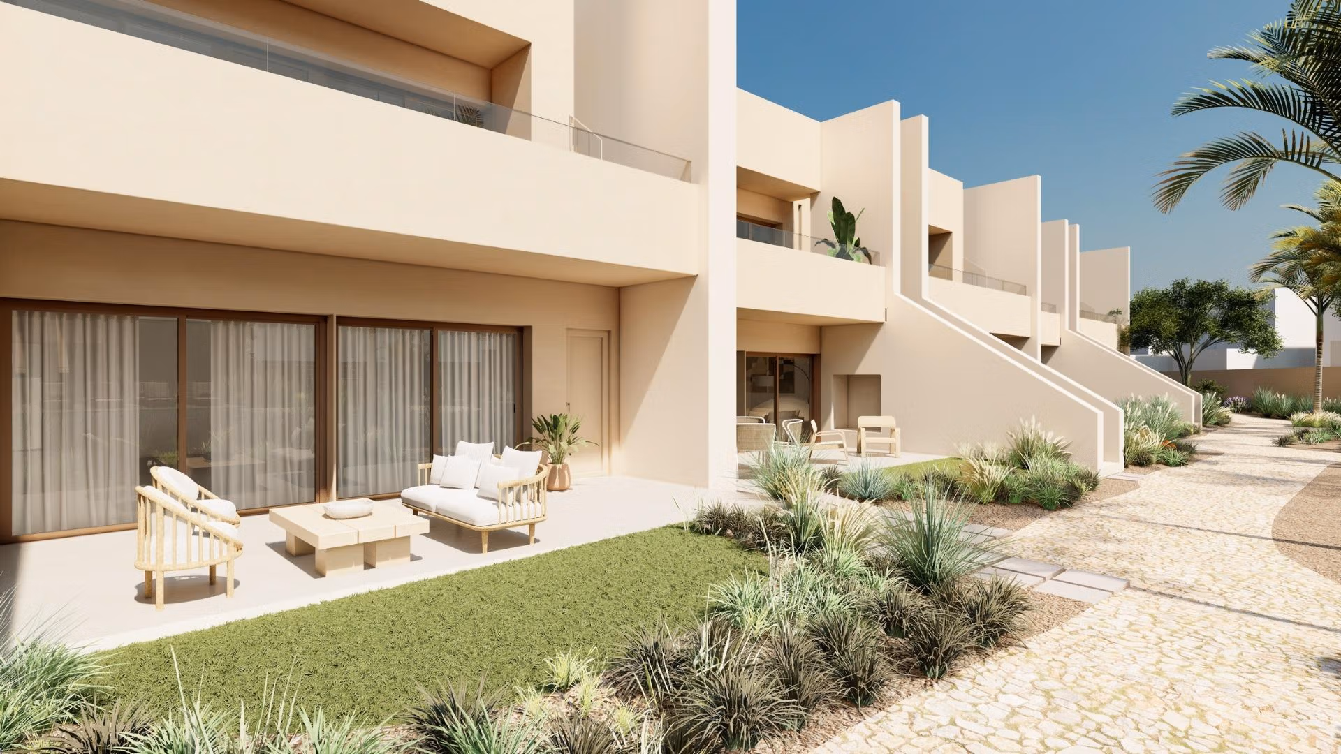 Elegant spacious ground floor bungalow with private garden and sunlit terrace at Roda Golf, San Javier new build.
