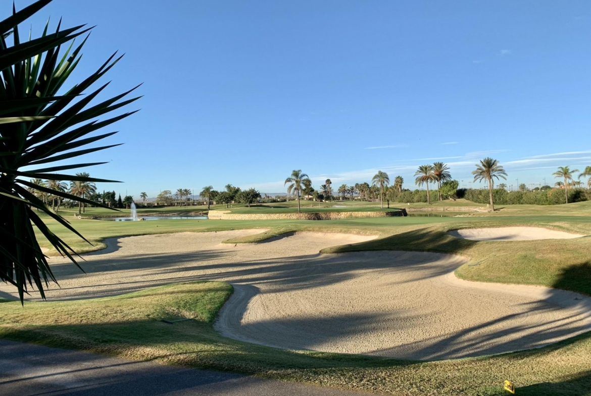 Sun-drenched landscaped golf course view from spacious new build 3-bedroom ground floor bungalow in Roda Golf, San Javier