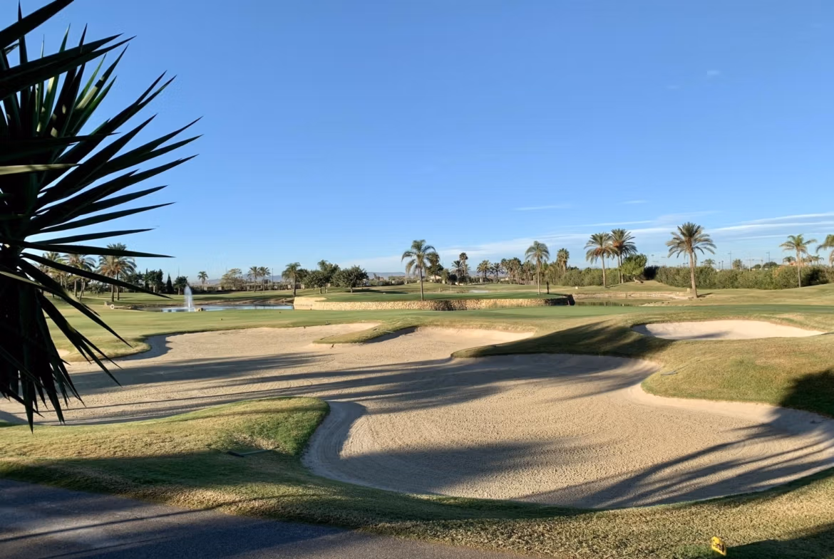 Sun-drenched landscaped golf course view from spacious new build 3-bedroom ground floor bungalow in Roda Golf, San Javier