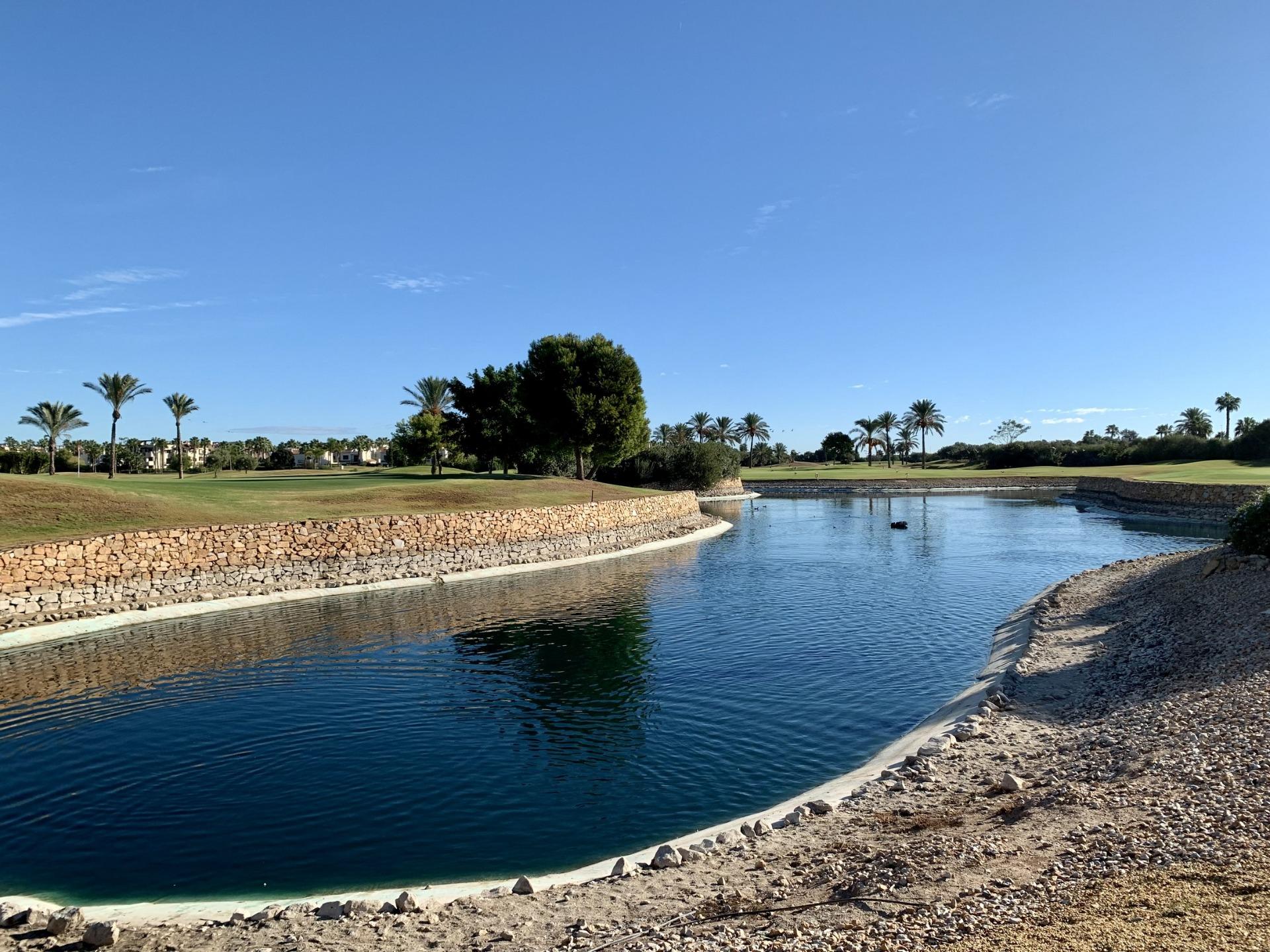 Tranquil landscaped golf course with water feature and palm trees near spacious new build bungalow in Roda Golf, San Javier