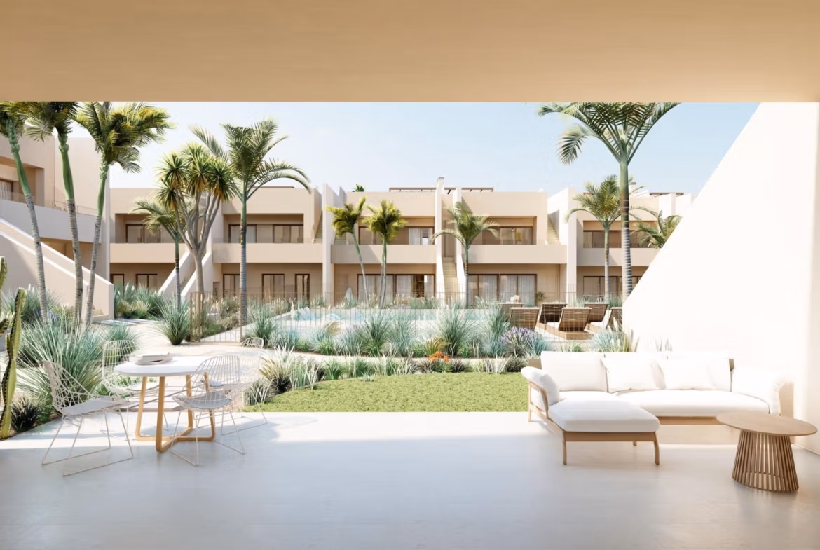 Bright modern terrace with elegant seating overlooking landscaped garden in spacious 3-bedroom ground floor bungalow, Roda Golf San Javier.