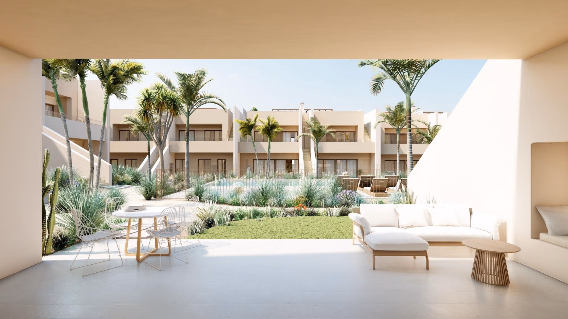 Bright modern terrace with elegant seating overlooking landscaped garden in spacious 3-bedroom ground floor bungalow, Roda Golf San Javier.