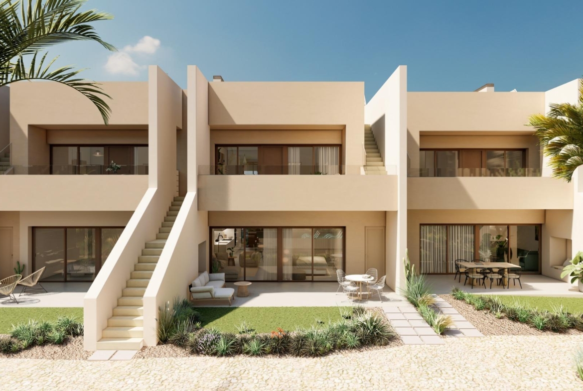 Modern new build 3-bedroom penthouse exterior with spacious terraces and lush landscaping in Roda Golf, San Javier.