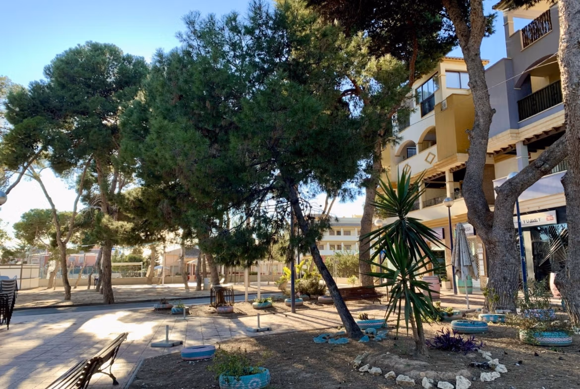 Shaded, tranquil courtyard with mature trees and seating area at spacious new build 3 bedroom ground floor bungalow in Roda Golf San Javier