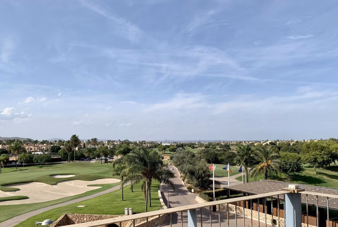 Panoramic view of lush golf course and landscaped greenery from spacious new build 3 bedroom ground floor bungalow in Roda Golf, San Javier