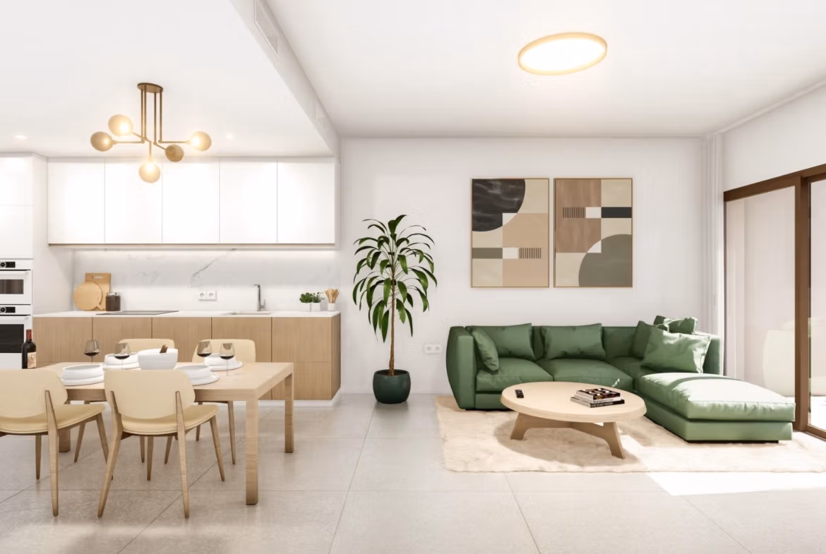Bright open-plan living and dining area with modern decor in spacious 3-bedroom ground floor bungalow, Roda Golf San Javier