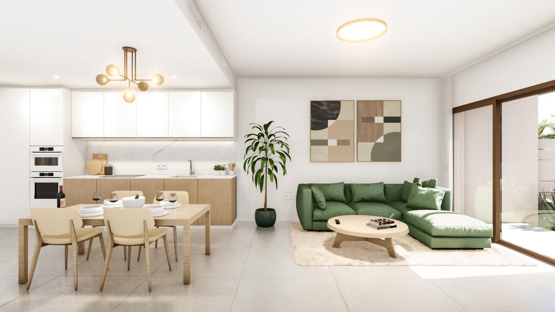Bright open-plan living and dining area with modern furnishings in a 3-bedroom penthouse in Roda Golf, San Javier