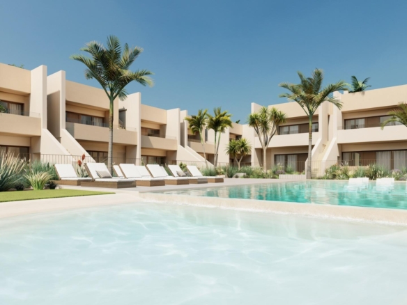 Modern spacious ground floor 3-bedroom bungalow with sun-drenched pool and landscaped garden in Roda Golf, San Javier.