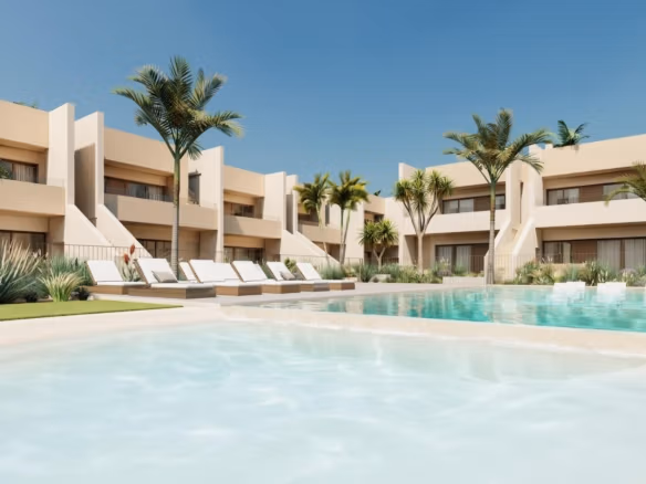 Modern rymlig bungalow på bottenplan med 3 sovrum, soldränkt pool och anlagd trädgård i Roda Golf, San Javier.