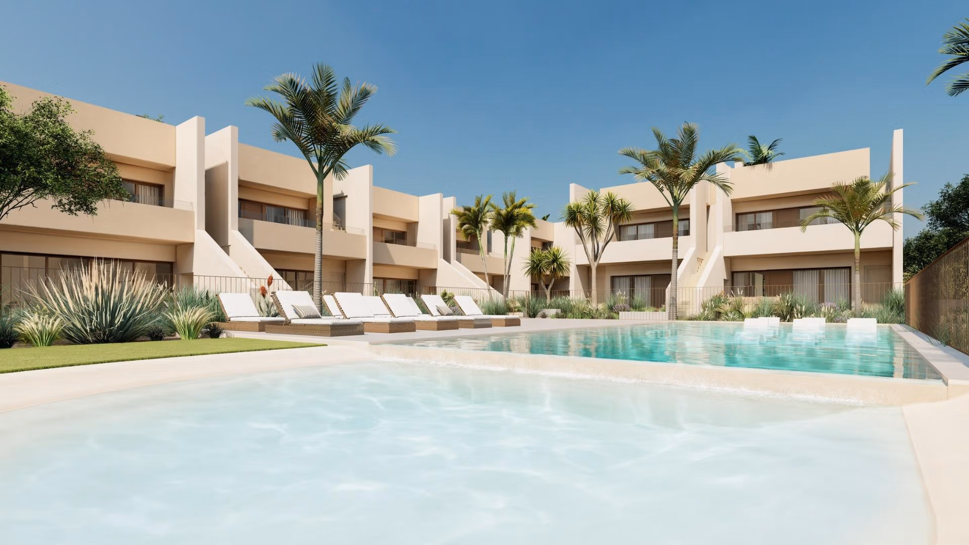 Nowoczesny przestronny bungalow na parterze z 3 sypialniami, słonecznym basenem i ogrodem w Roda Golf, San Javier.