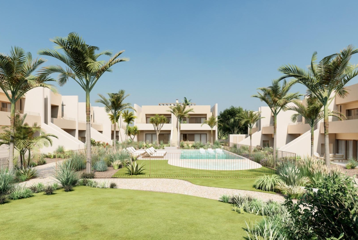 Sun-drenched landscaped garden with a sparkling pool at a spacious 3-bedroom ground floor bungalow in Roda Golf, San Javier