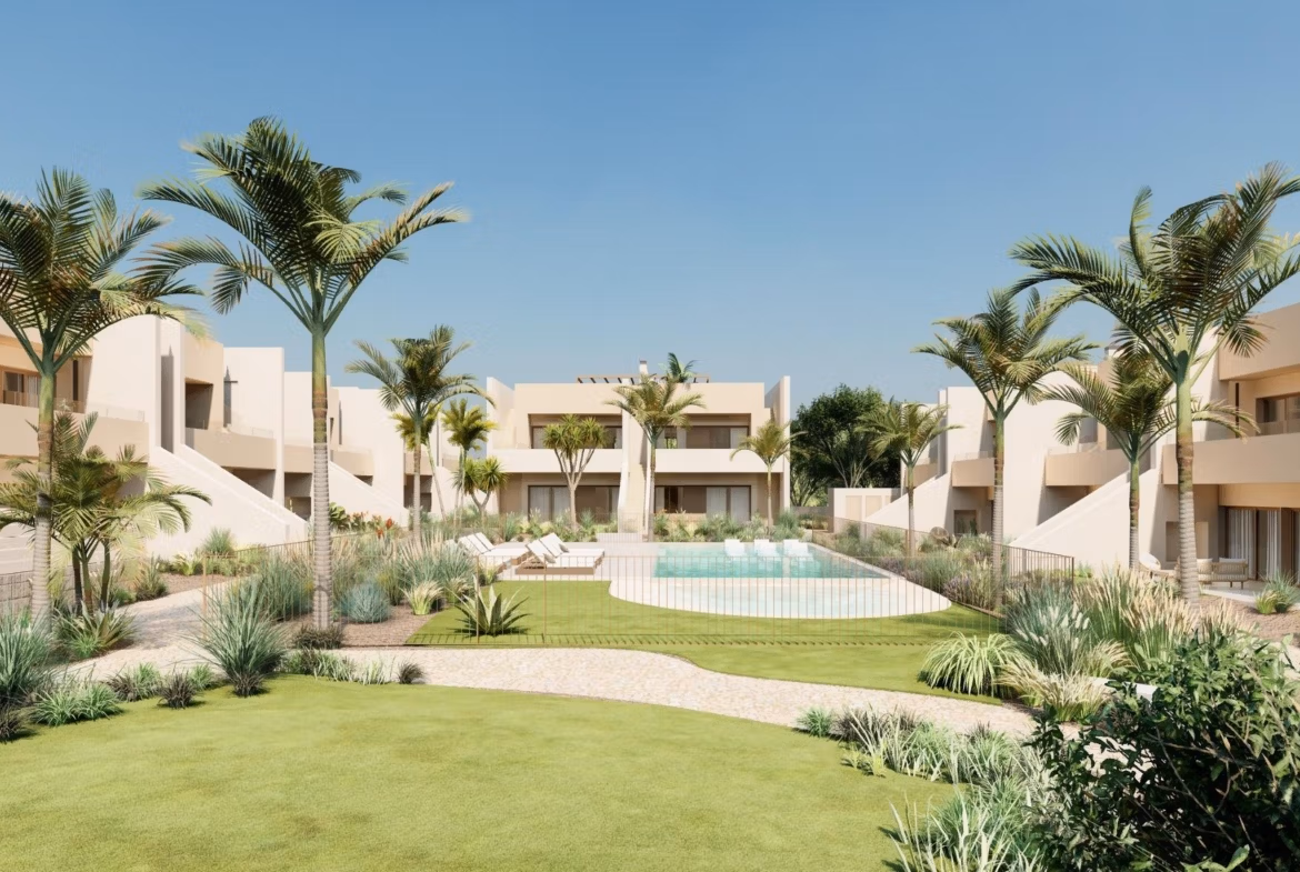 Sun-drenched landscaped garden with a sparkling pool at a spacious 3-bedroom ground floor bungalow in Roda Golf, San Javier