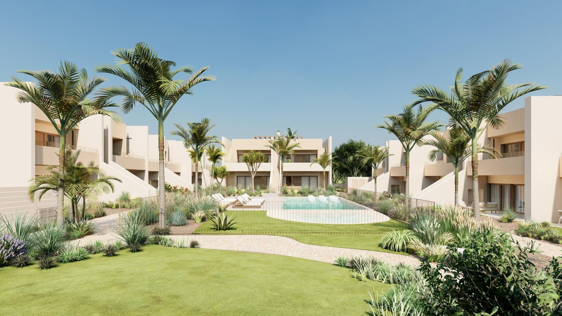 Sun-drenched landscaped garden with a sparkling pool at a spacious 3-bedroom ground floor bungalow in Roda Golf, San Javier