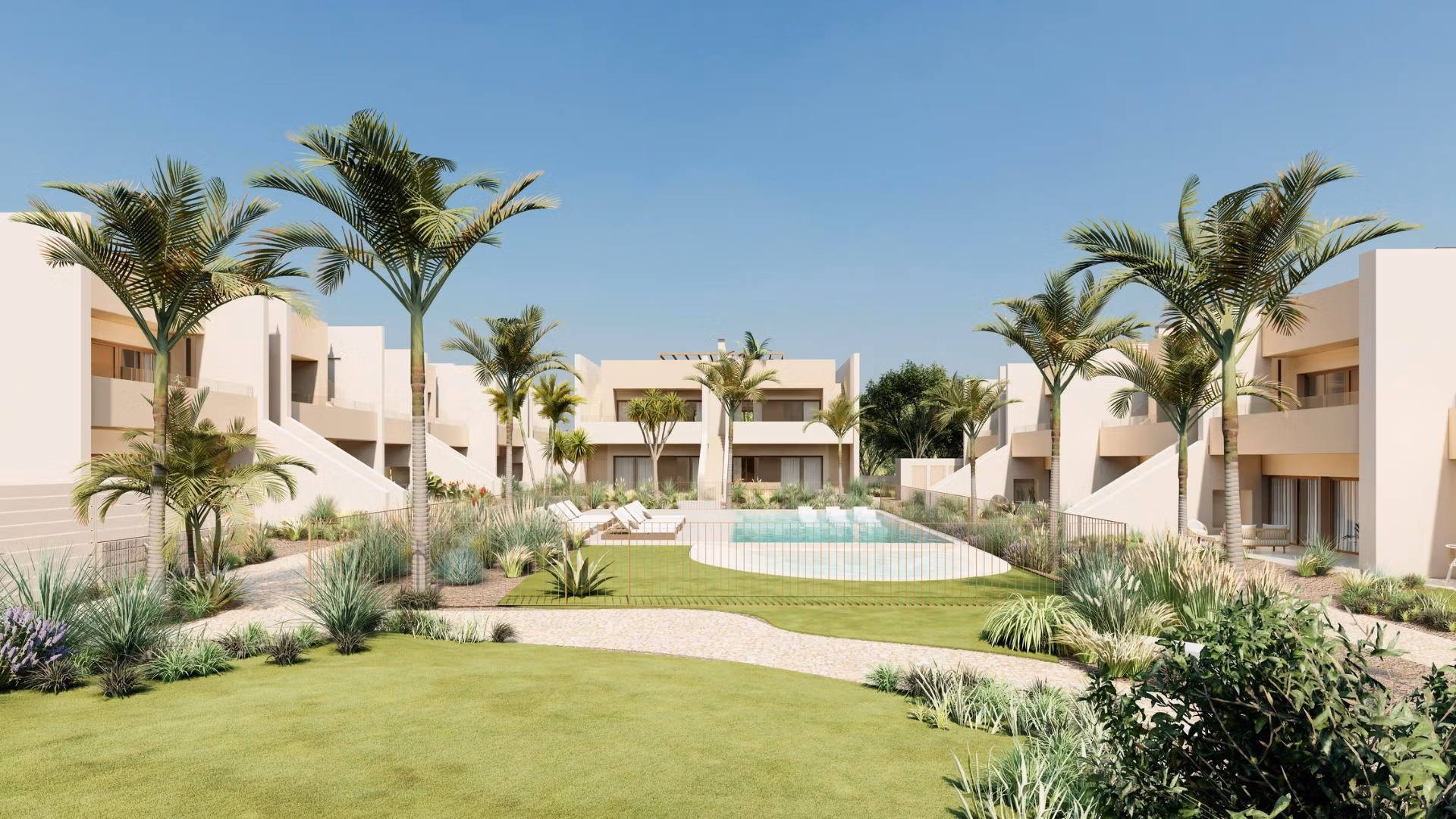 Sun-drenched landscaped garden with a sparkling pool at a spacious 3-bedroom ground floor bungalow in Roda Golf, San Javier