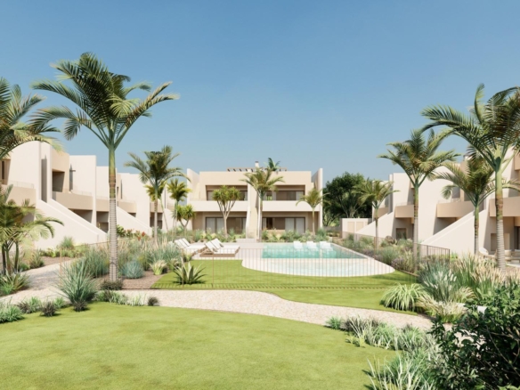 Spacious modern penthouse exterior with landscaped gardens, palm trees, and a sparkling pool in Roda Golf, San Javier.