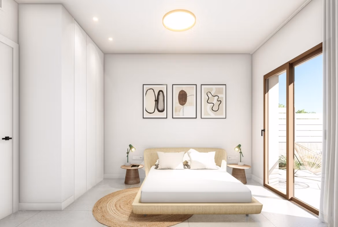 Bright and airy bedroom in a modern 3-bedroom ground floor bungalow with garden access in Roda Golf, San Javier.