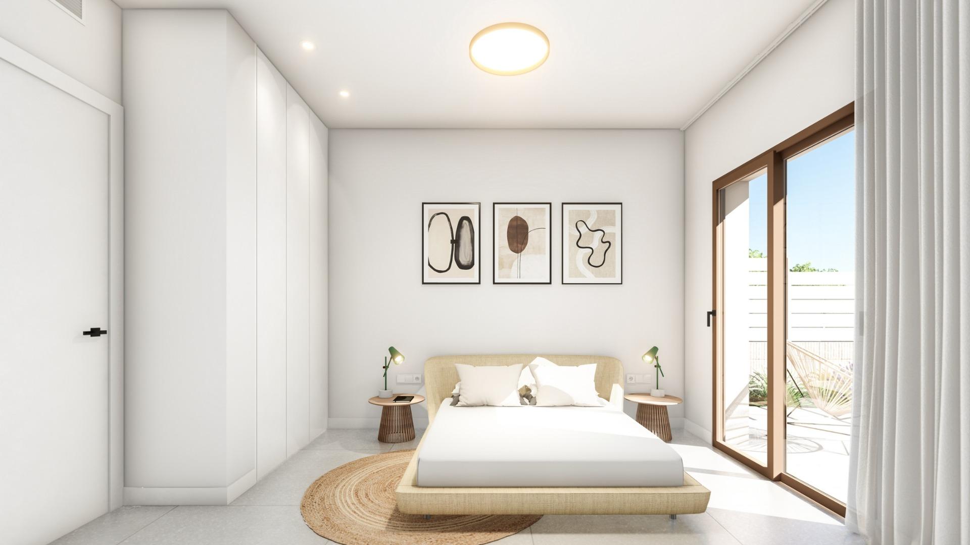 Bright and airy bedroom in a modern 3-bedroom ground floor bungalow with garden access in Roda Golf, San Javier.