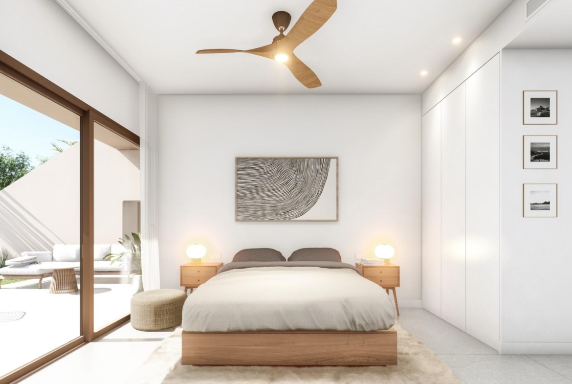 Bright modern bedroom with minimalist decor and garden views in spacious 3-bedroom ground floor bungalow, Roda Golf, San Javier.
