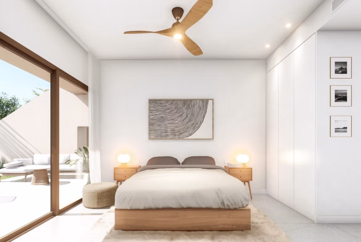 Bright modern bedroom with minimalist decor and garden views in spacious 3-bedroom ground floor bungalow, Roda Golf, San Javier.